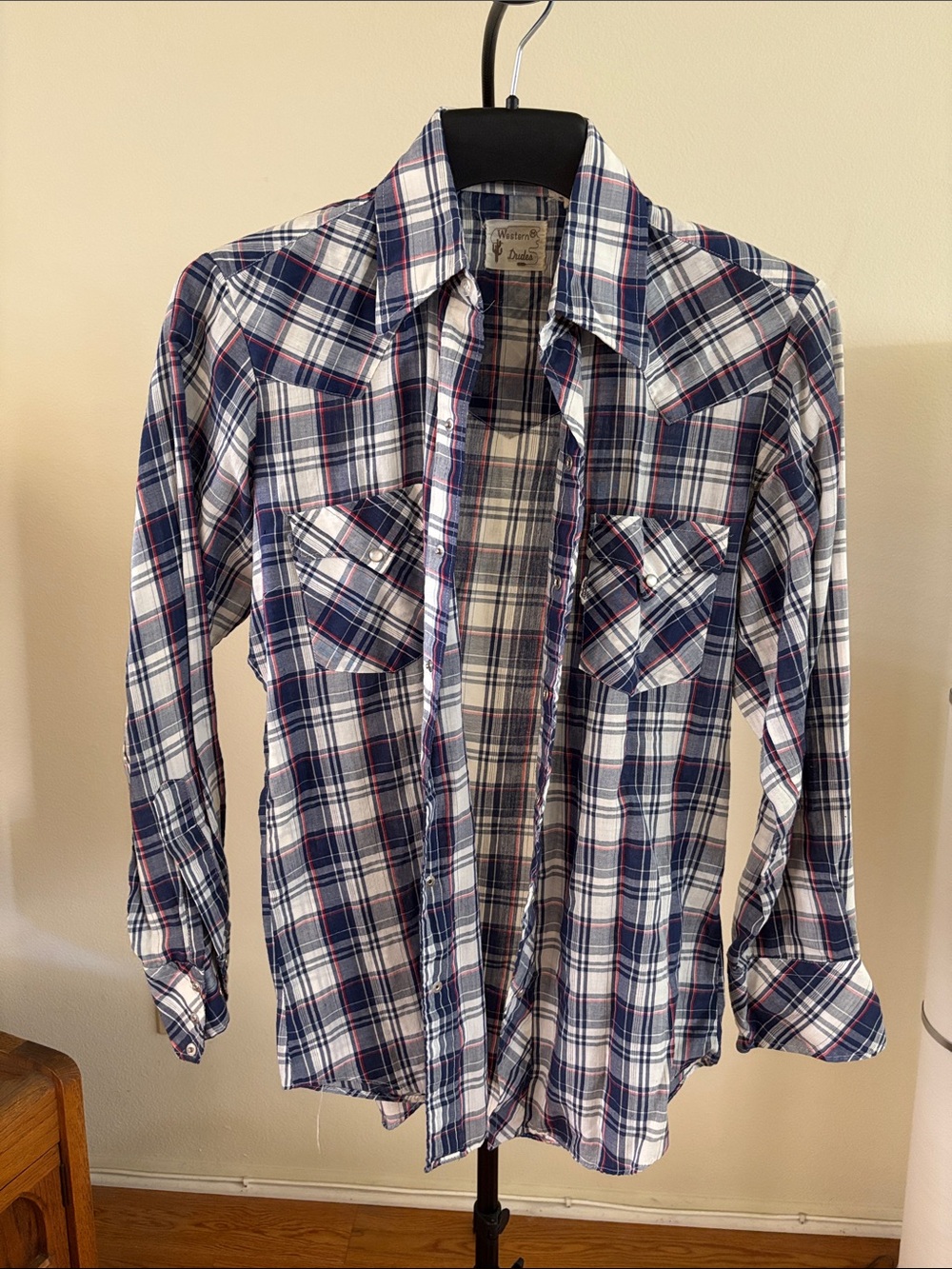 Western Dudes Men's Plaid Button-Up Shirt - Blue & White - Size M